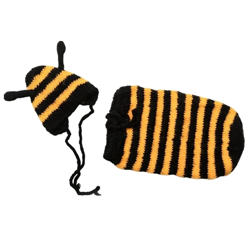 Baby Photo Props Bees Outfit Knit Hat Sleepbag Set Photo Posing Props Newborn Photography Props Bodysuit 2in1 85LE