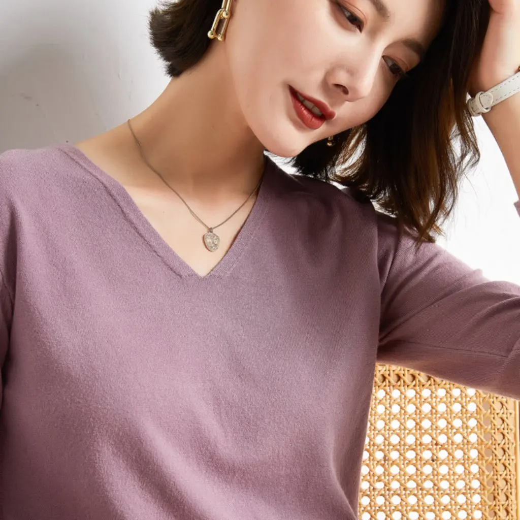 

Женский вязаный свитер ранней осени с v-образным вырезом, облегающий корейский стиль, дофаминная одежда, рубашка большого размера с внутренним верхом