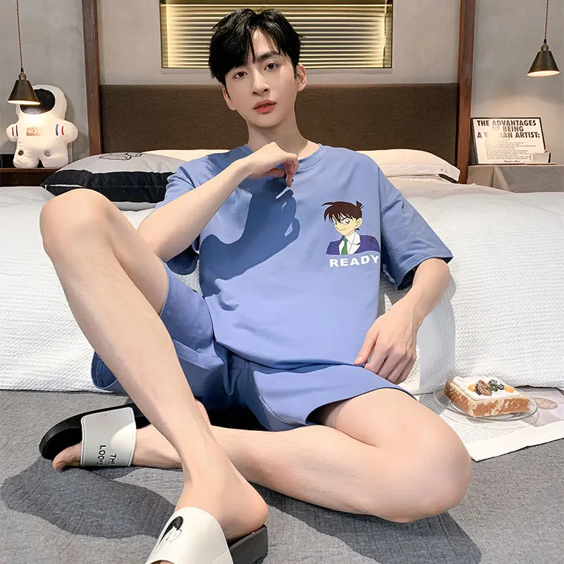 Anime One Piece Luffy Men Short-Sleeved Pajamas Set Summer Cartoon Cotton Thin Section Teenagers HomeWear Set Student Loungewear