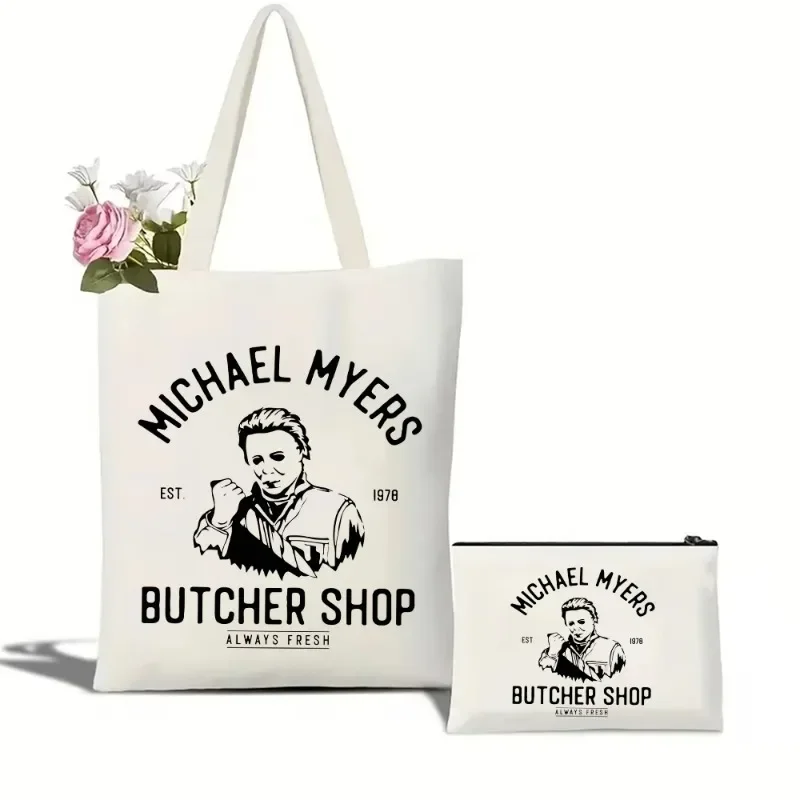 

Michael Myers Butcher Shop Print Tote Bag Set Halloween Horror Movie Shoulder Handbag Cosmetic Bag Shopping Bag Travel Bag