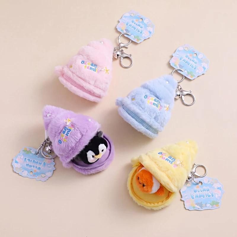 Cartoon Ocean Family Shell Nest Plush Charms Aquarium Sea Otter Fish Penguin Coin Purse Bag Pendant Xmas Birthday Girls Gifts