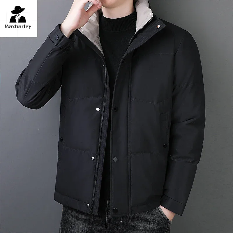 Winter Jacket Men\'s Business Casual Thick Drawstring Stand Collar Windproof Cotton Clothes Fashion Male Solid Color Warm Parkas