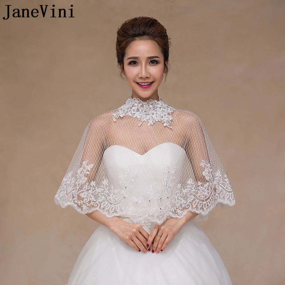 JaneVini Summer High Neck Bridal Capes for Wedding Dress White Mesh Crystal Lace Wedding Jackets Woman Bolero Tulle Wraps Stoles