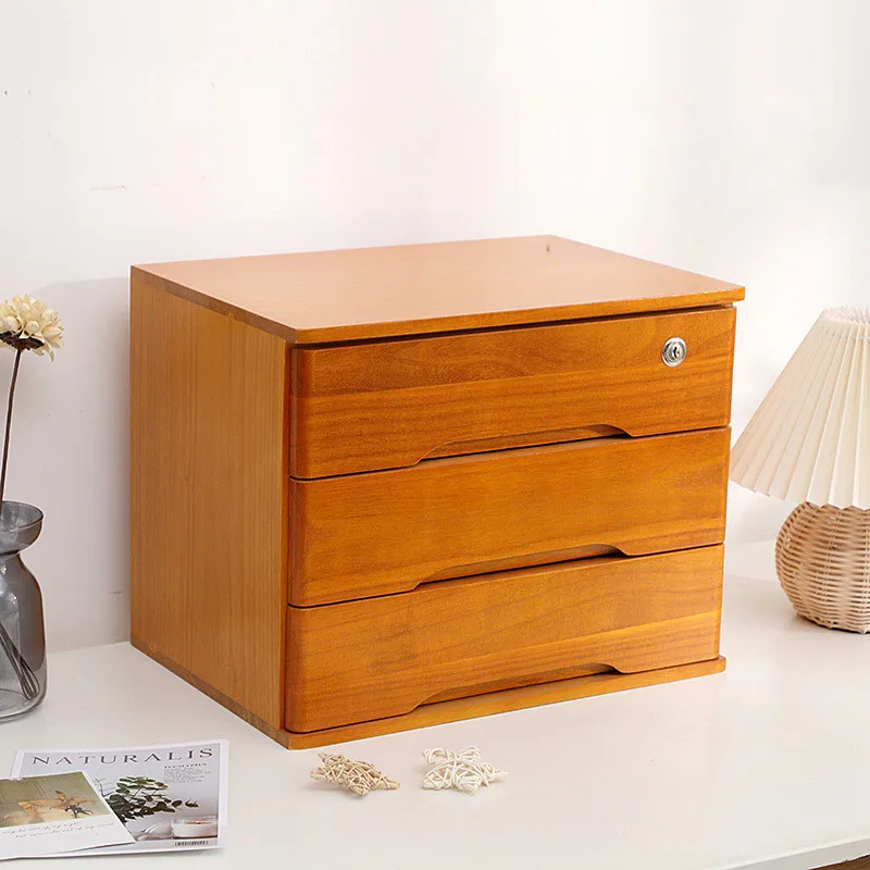 1/2/3 Tier Desktop Storage Box, Wooden Drawer Organizer with Lockable Drawers, No Assembly Required