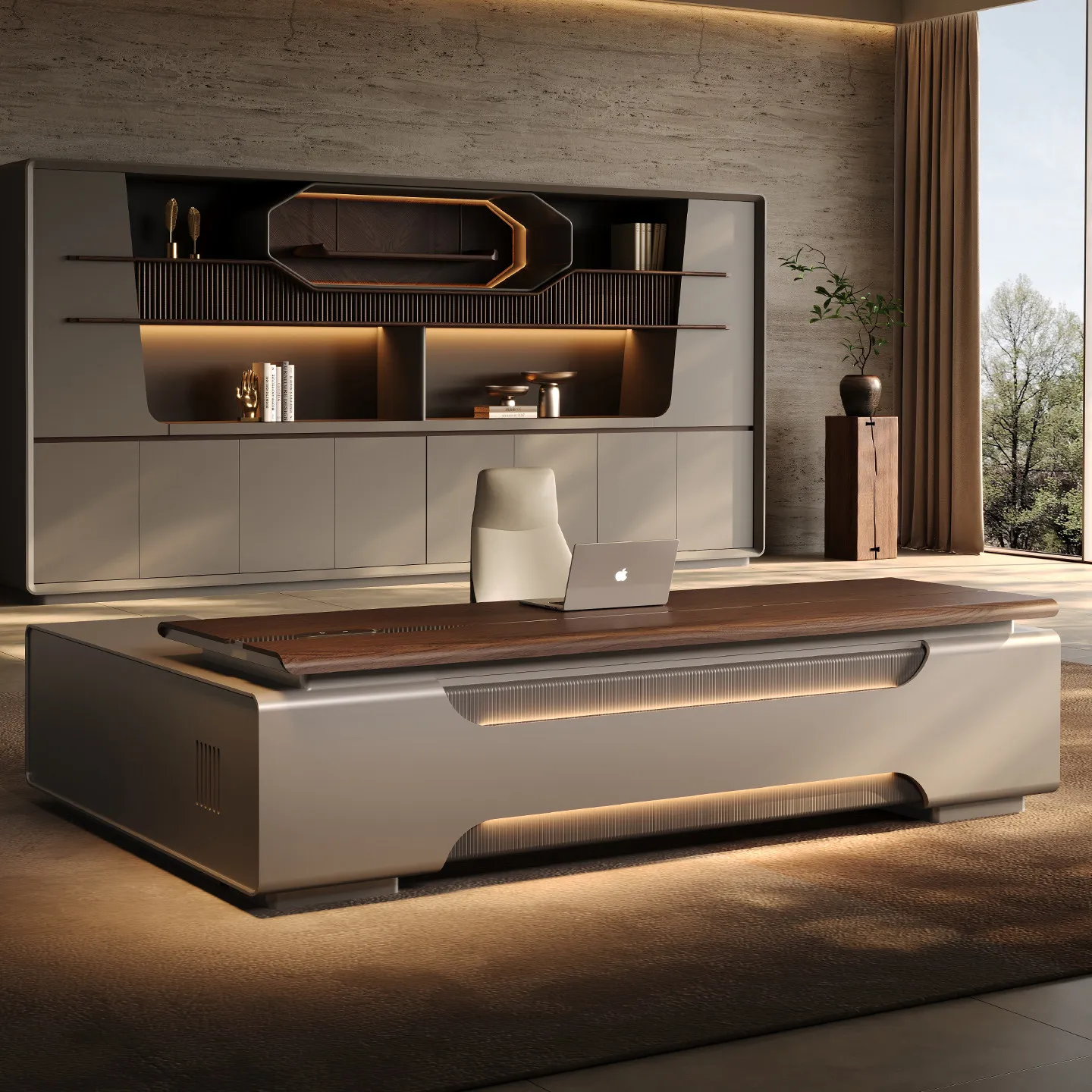 Italian Luxury High-End Modern CEO's Office Desk E0 Grade Walnut Veneer Large Desk for Office Building