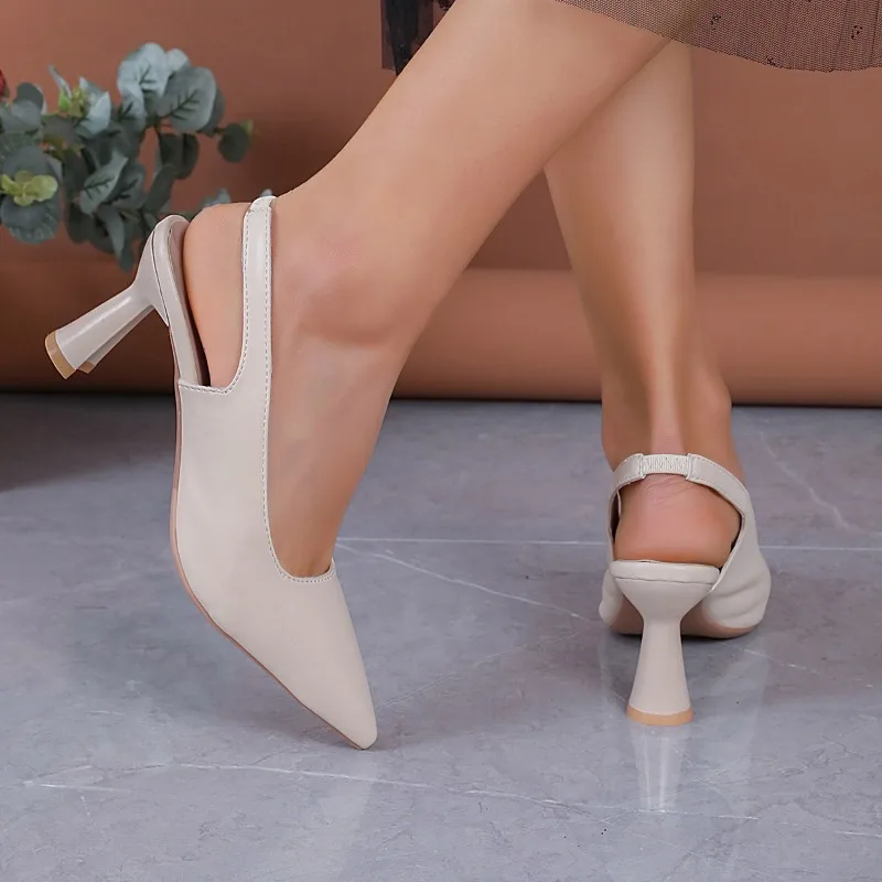 Sapatos de salto médio simples para mulheres, dedo apontado sexy, slingback, vestido elegante, salto alto, bombas monocromáticas, moda, novo, 2024