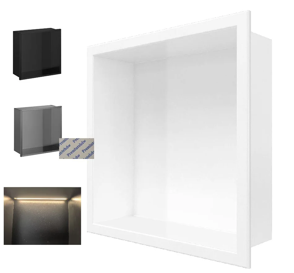 1Piece Square SUS304 Lacquered Recessed Bath Wall Niche LED Light Single Shelf Organizer White Black Grey