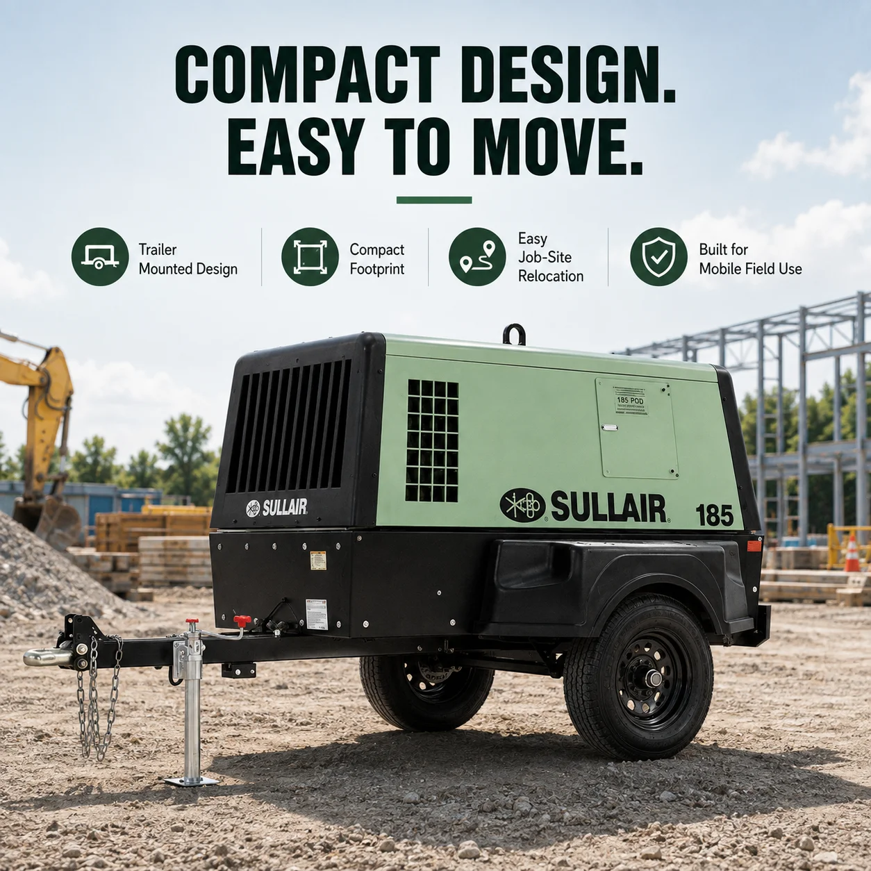 Sullair 185 CFM Portable Screw Air Compressor Trailer Mounted For Construction Drilling Sandblasting And Utility Work