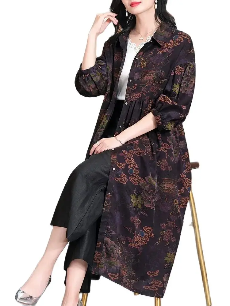 BirdTree 100%Real Silk XiangYunSha Elegant Dresses, Lapel Flower Print, Fashion Vintage Versatile Dress, 2024 Spring D42302QC