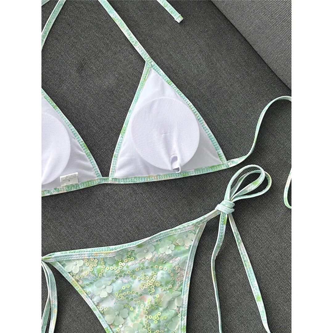 Bedruckter Bikini mit Pailletten, Neckholder-Design, Damen-Badebekleidung, zweiteiliger Bikini, hoher Beinausschnitt, Badeanzug, Badebekleidung, Modell V8237. – Detail 23