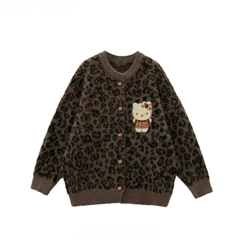 Sanrio Hello Kitty Leopard Print Knitted Cardigan Kawaii Lovely Winter Beautiful Cute Girly Heart Sweater Coat Christmas Gift