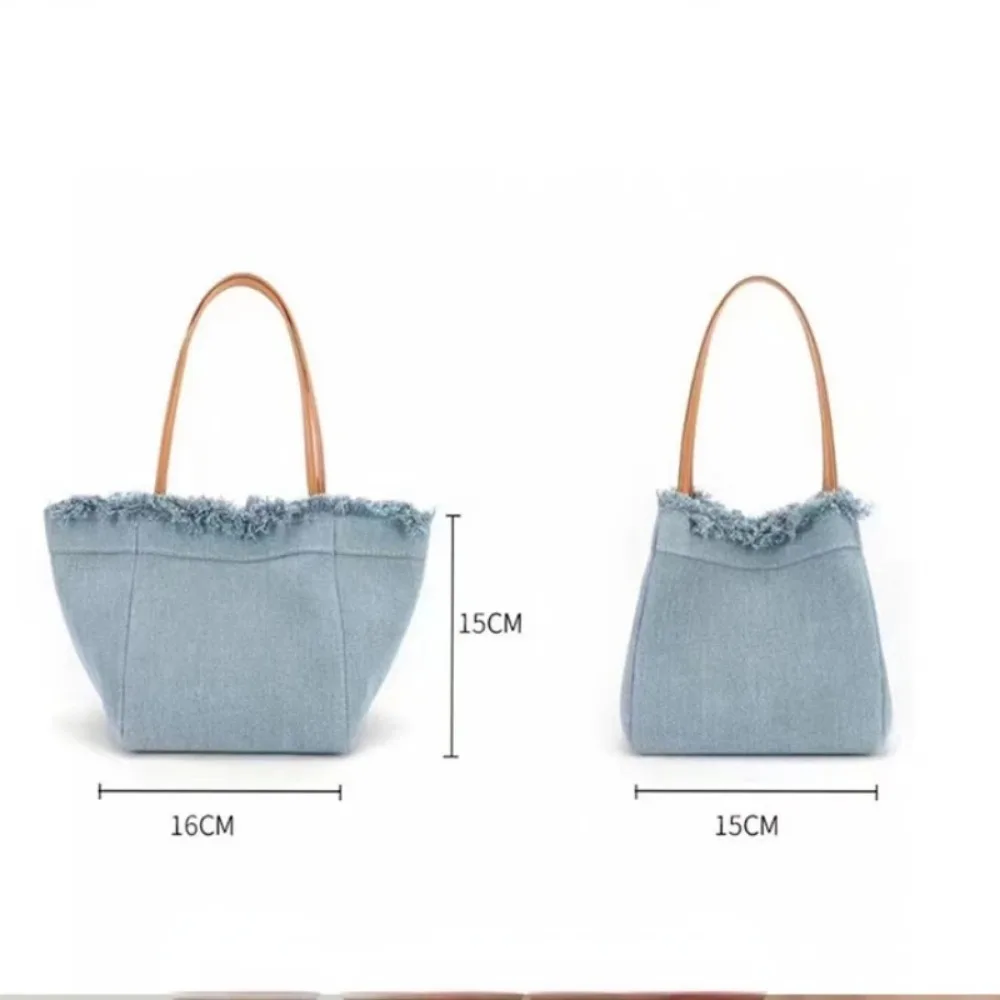 New Trendy Fashion Denim Tassel Blue Color Bucket Bag Women Handheld Handbag Summer Shoulder Underarm Bag Lady Purse Tote Bag