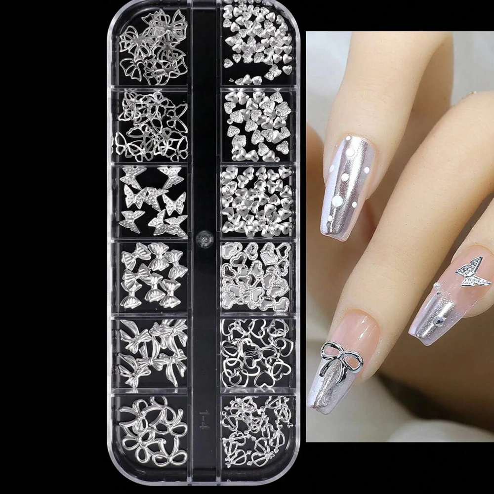 1Box 12Styles 3D Alloy Heart/Bow/Butterfly Nail Charm Silver Metallic Rivet Nail Decoration Y2K Japanese Nail Ornaments Supplies