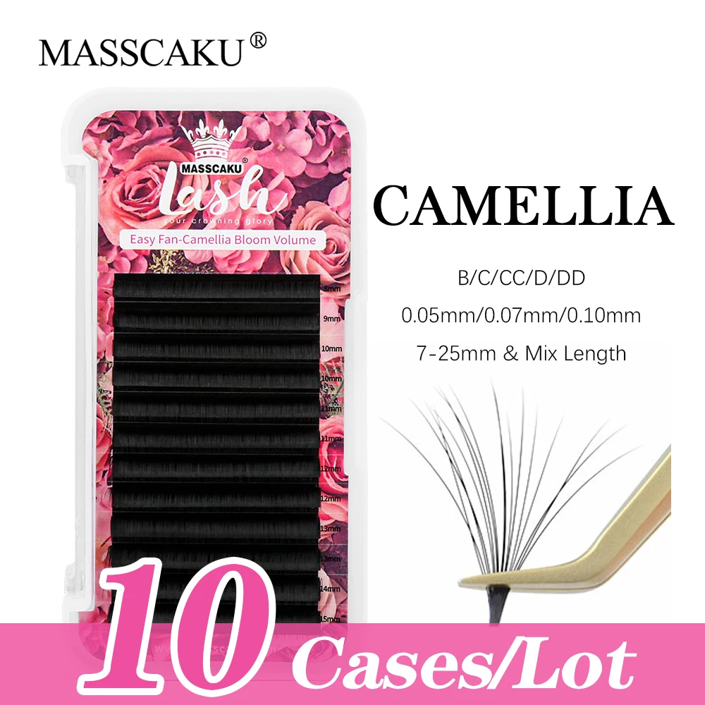 10Cases/lot MASSCAKU Auto Flowering C/CC/D/DD Curl Individual Eyelashes Extension 100% Handmade Camellia Rapid Blooming Lashes