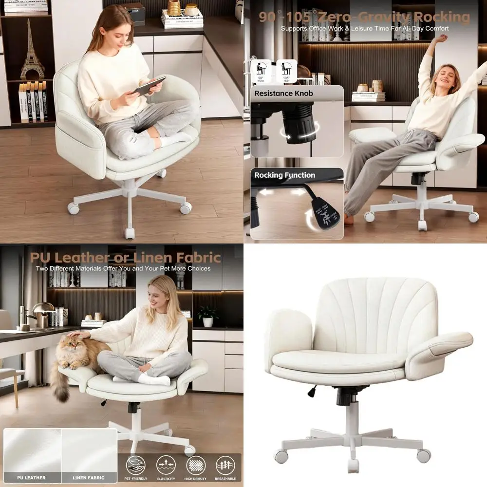 

Льняное кресло для макияжа с регулируемыми подлокотниками и боковыми карманами, идеально подходит для макияжа и работы в офисе дома