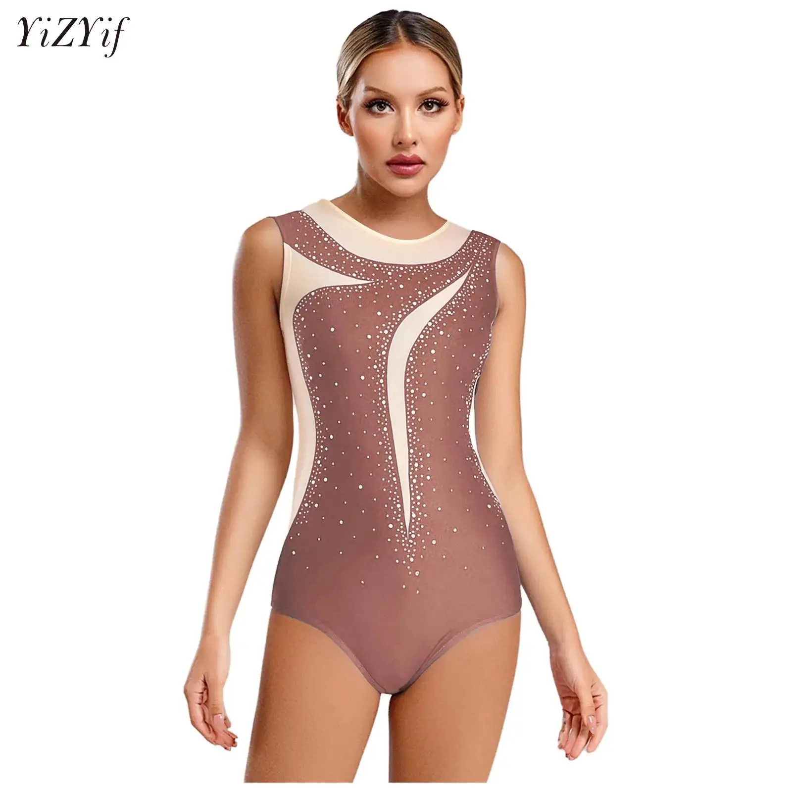

Adult Ballet Leotards for Women Mesh Rhinestone Hollow Out Dance Wear Sleeveless Rhythmic Gymnastics Leotards Ballet Bodysuits
