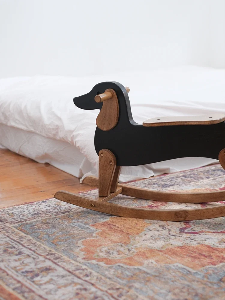 Home Vintage Solid Wood Horse Into A Rocking Chair Living Room Homestay Home Wooden Dog Single Gift