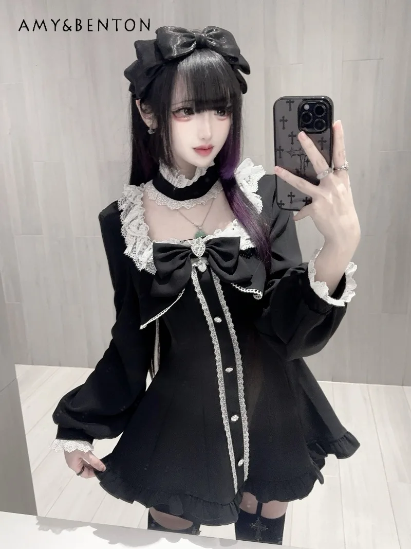 

Original Design Mass-Produced Mine Series Long Sleeve Sets Lolita Fake Two-Piece Cute Bow Lace Kawaii Slim Mini Dress Shorts