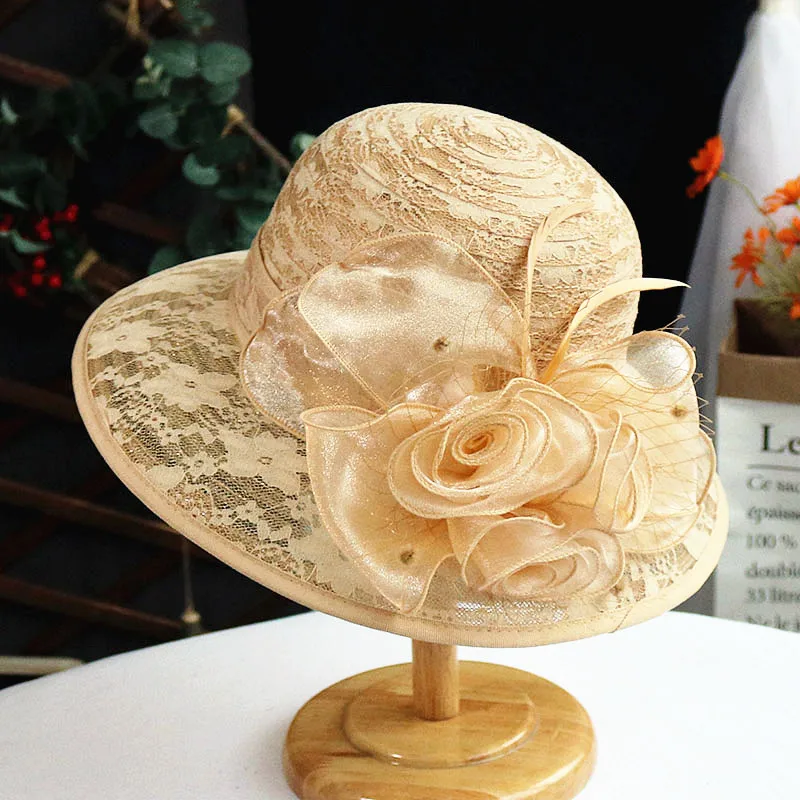 2024 New Fashion Elegant Breathable lace flower Church Hat For Women Foldable Wedding Party Hat Summer Beach Protection Sun Cap