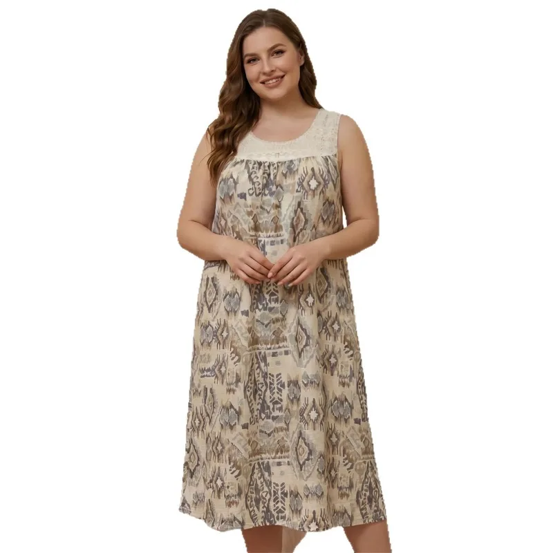 

EU US Plus Size Summer Women's Pajamas Dress Sleeveless Round Neck Lace Loose Long Nightgown Full Print Home Clothes Sleepshirts