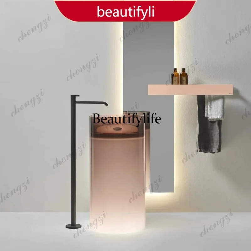 Pink transparent resin luminous floor-to-ceiling hand washing column basin  A17
