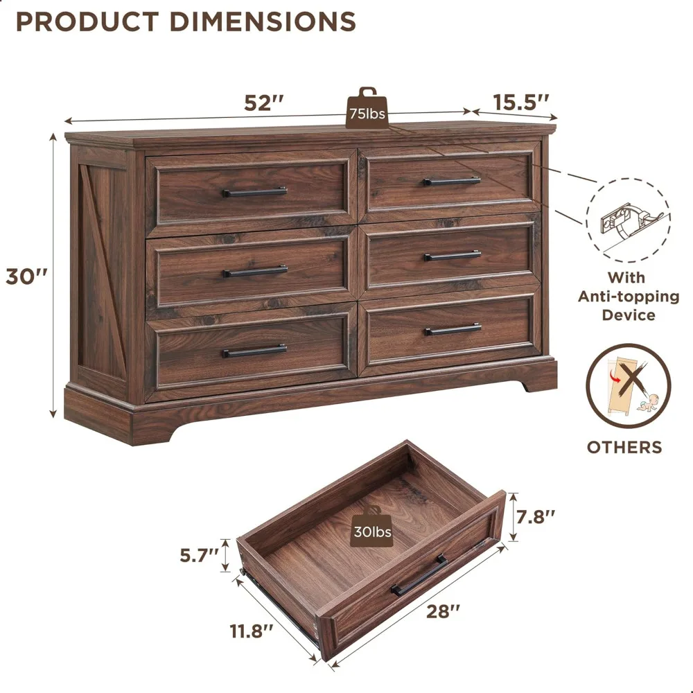 6 Drawer Dresser for Bedroom, 52