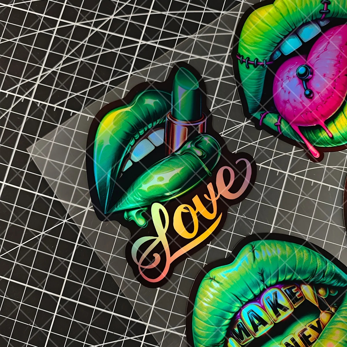 4 Pcs Set Holographic Green Lips Sticker, Waterproof Vinyl Decals for Car Window, Bumper and Motorcycle Helmet Decoration
