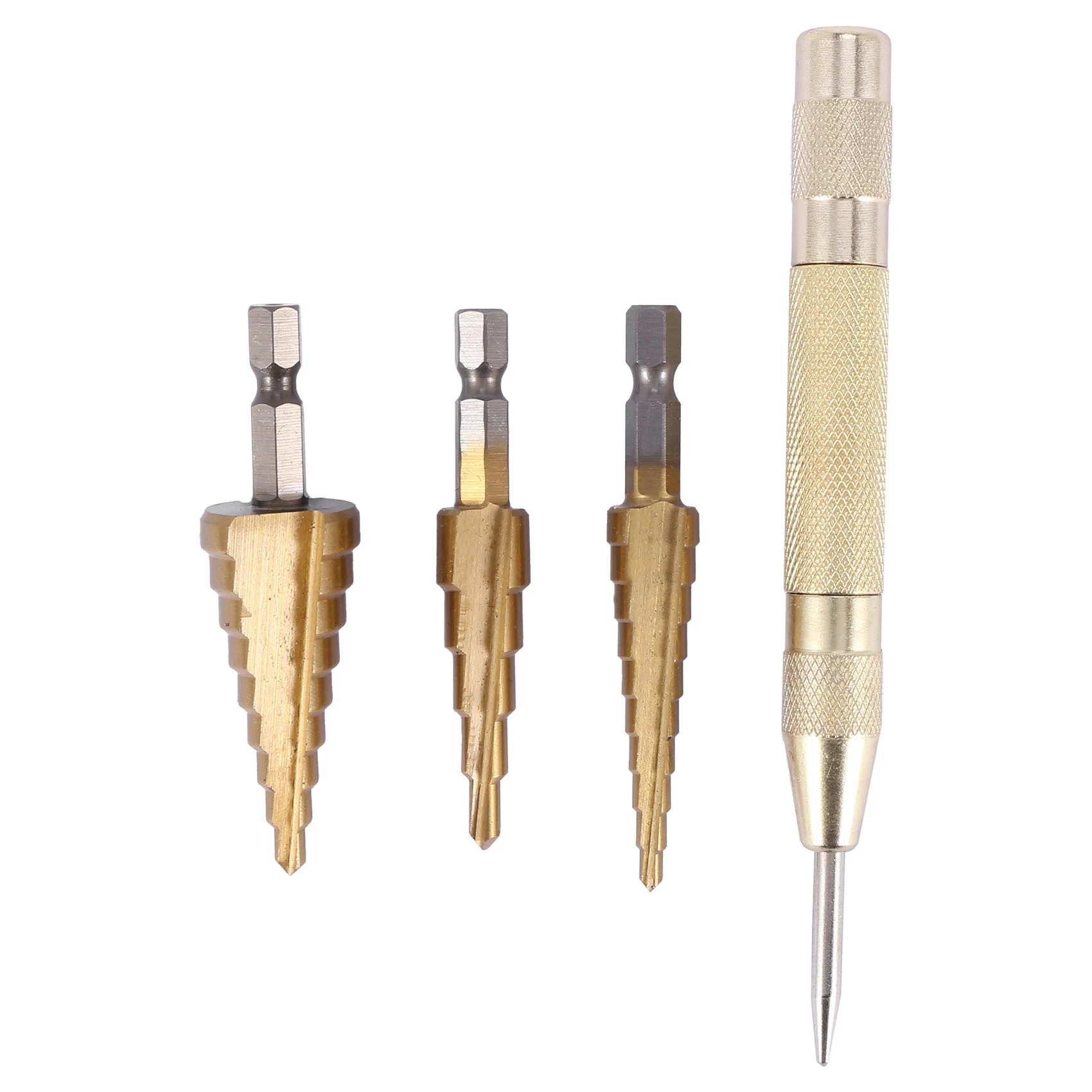BHBL 3 pcs HSS Titanium Step Drill Bit Set & 1 pcs Automatic Center Punch