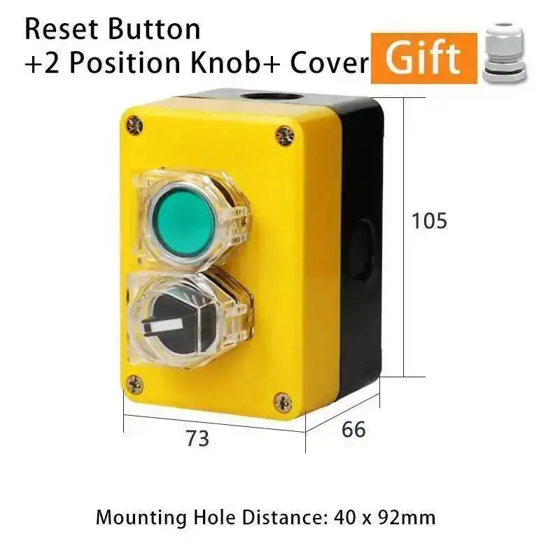2P مفتاح بـزر دفع مع التحكم صندوق بلاستيكي أصفر مقاوم للماء NO NC لحظة إعادة تعيين مقبض دوار التحكم