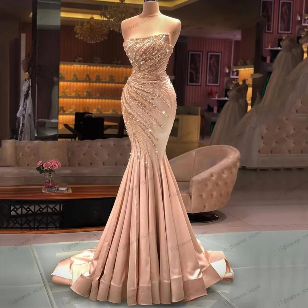Pretty Evening Dresses Exquisite Prom Dress Beading Appliques Sexy Strapless Robes For Formal Party Customized Vestidos De Noche