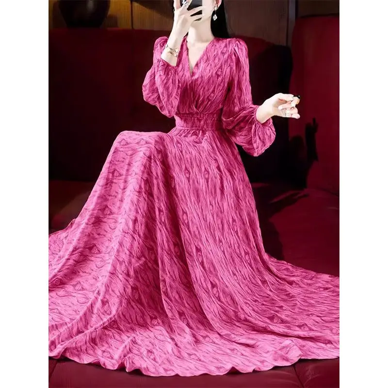 Bohemian Fashion Age Reduction Dopamine Daily Wear Rose Red Printed V-Neck Waist Pendulum Dress Summer Long Chiffon Dress