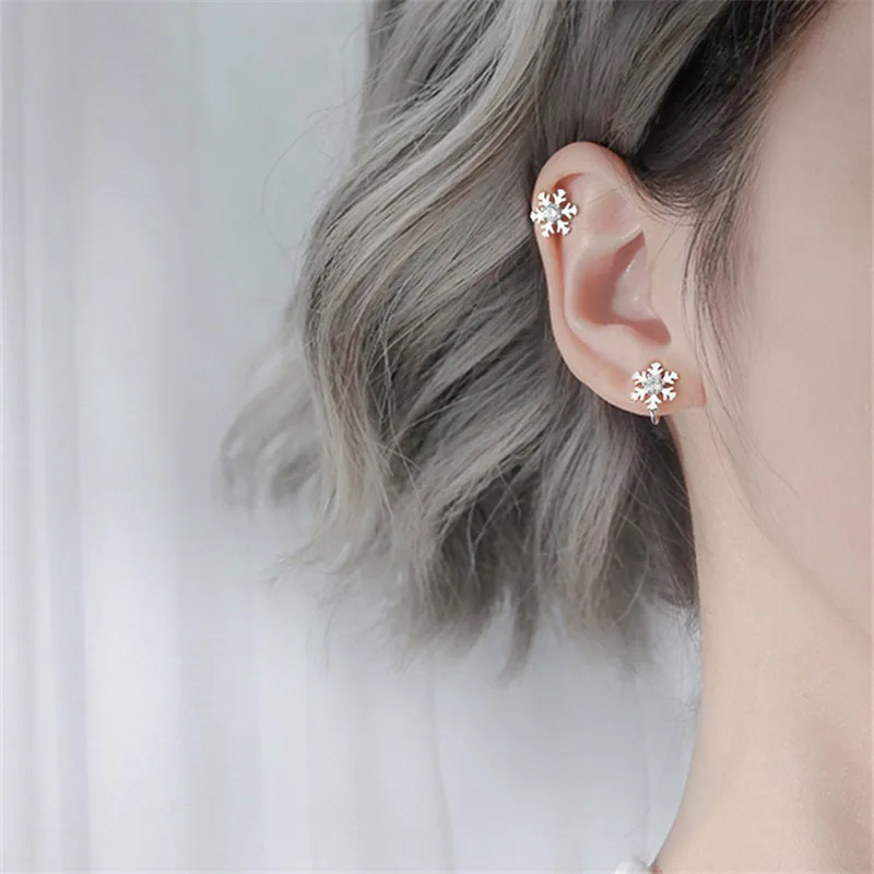 Cute New 925 Sterling Silver Fashion Snowflake Flower Rhinestone Ear Clip Earrings For Women Girl JY078