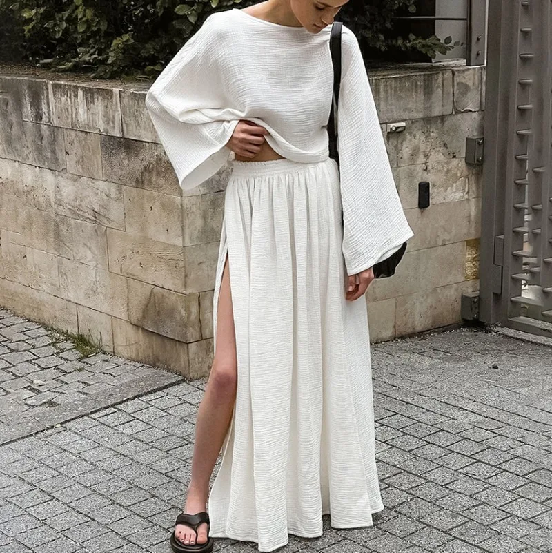 YLT Women 2026 Autumn Winter New Cotton Design Simple Slit Fashion Casual Two Piece Set Long Sleeve Long Dress Trendy Chic Niche