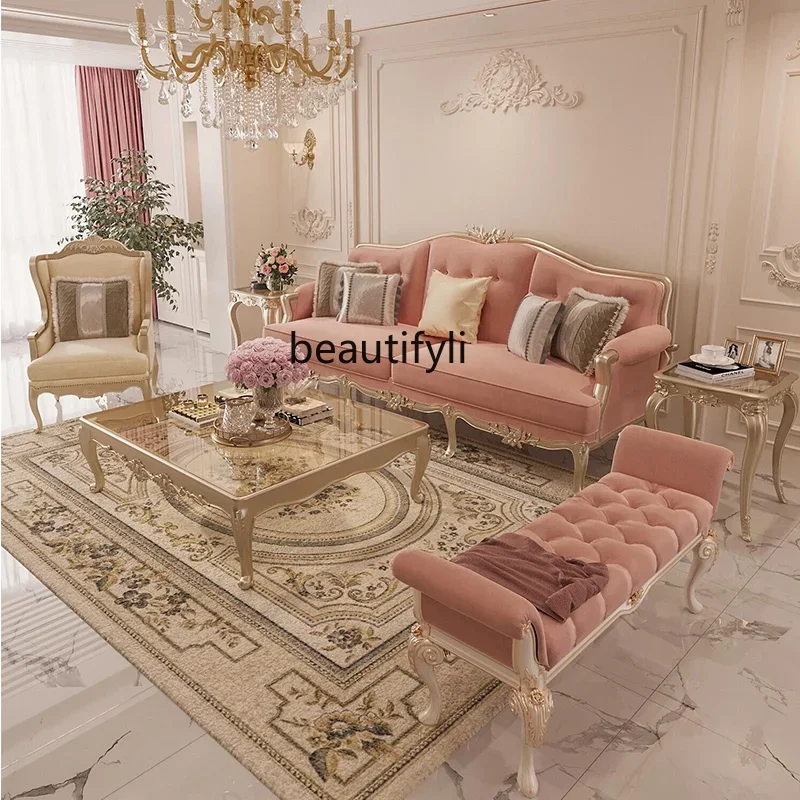 

D06 Французский светлый роскошный диван из цельного дерева для гостиной, вилла, высококачественная резная комбинированная мебель, тканевый диван на троих