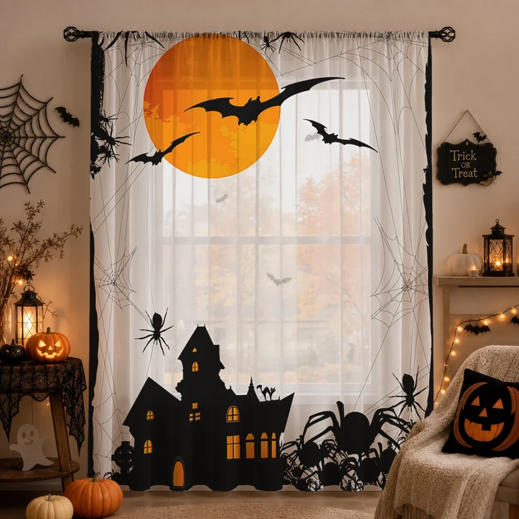 Halloween Festival Sheer Curtain, Good Quality Light Reducing Privacy Voile For Living/Bedroom/Kids Room,Halloween Festival Gift