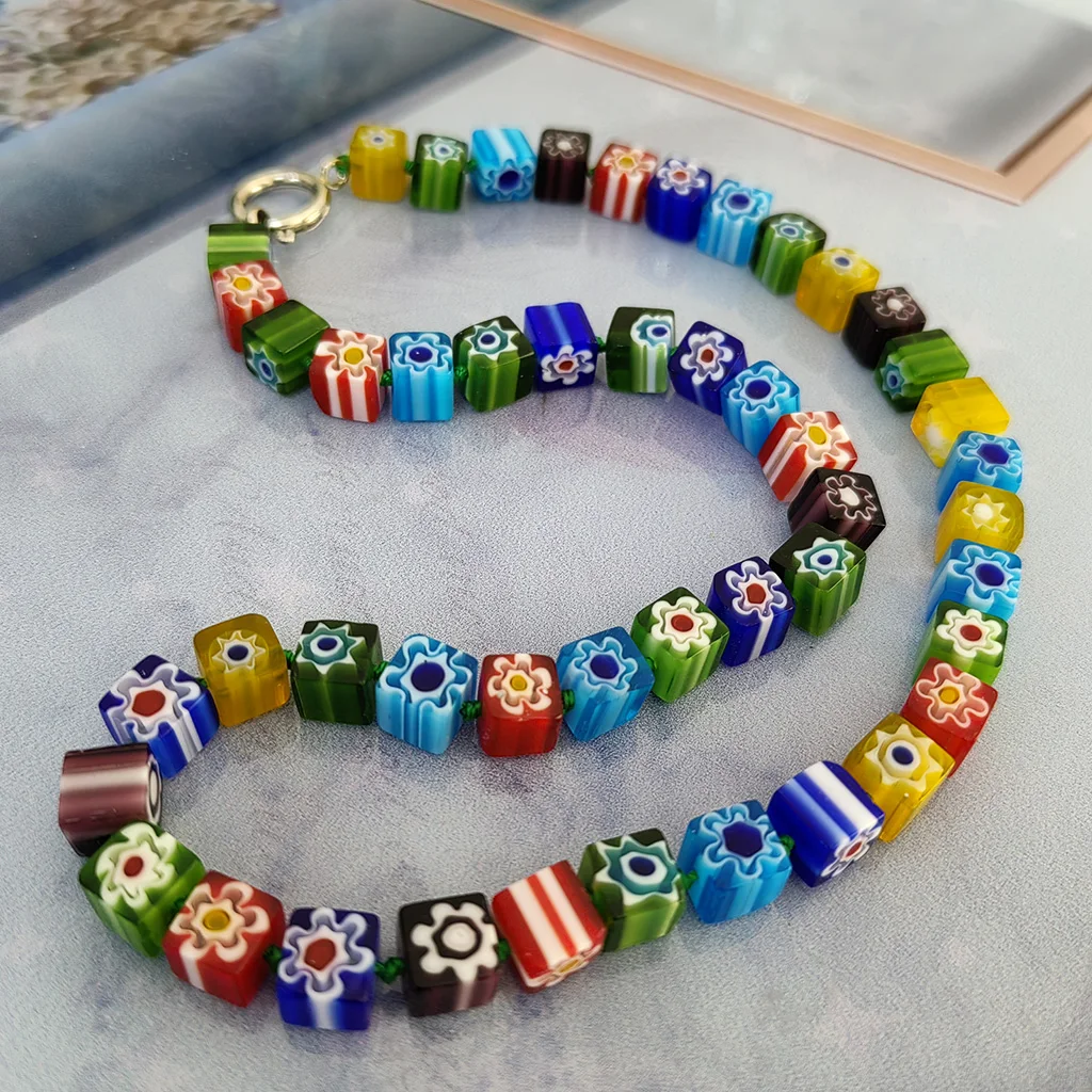 1PCS 8MM Fashion Square Thousand Flower Glass Necklace Handmade DIY Weaving Women's Jewelry Short Chain