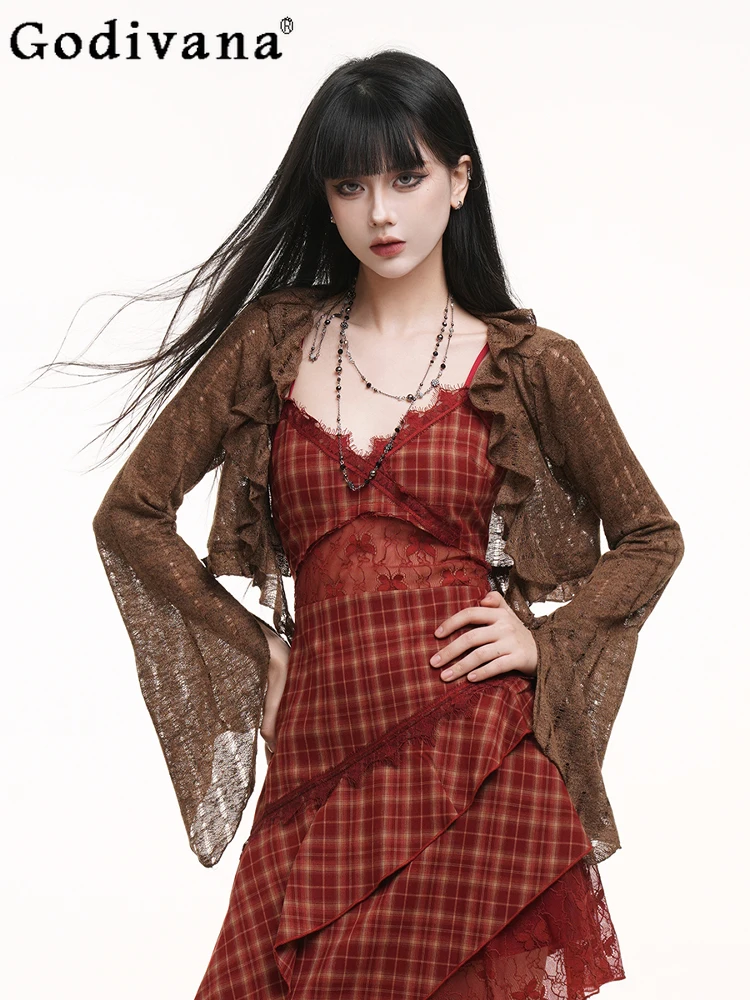 

Unique and Beautiful Ruffles Thin Knitted Blouse Cardigan Temperament girl Versatile Brown Autumn Versatile Long-sleeved Shawl