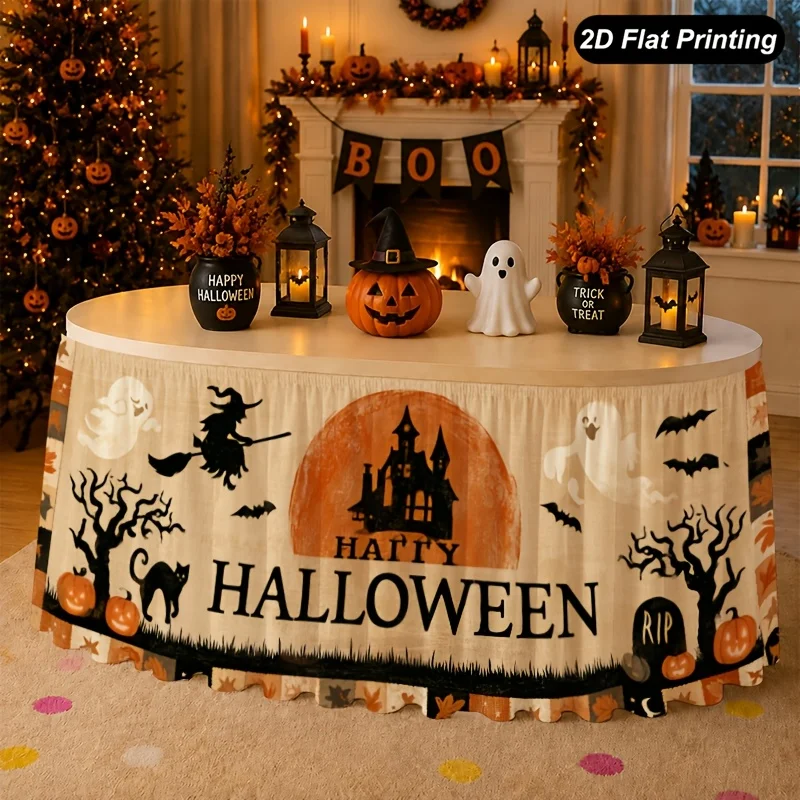 One 2D flat Halloween tablecloth, Happy Halloween, Haunted House Table Skirt