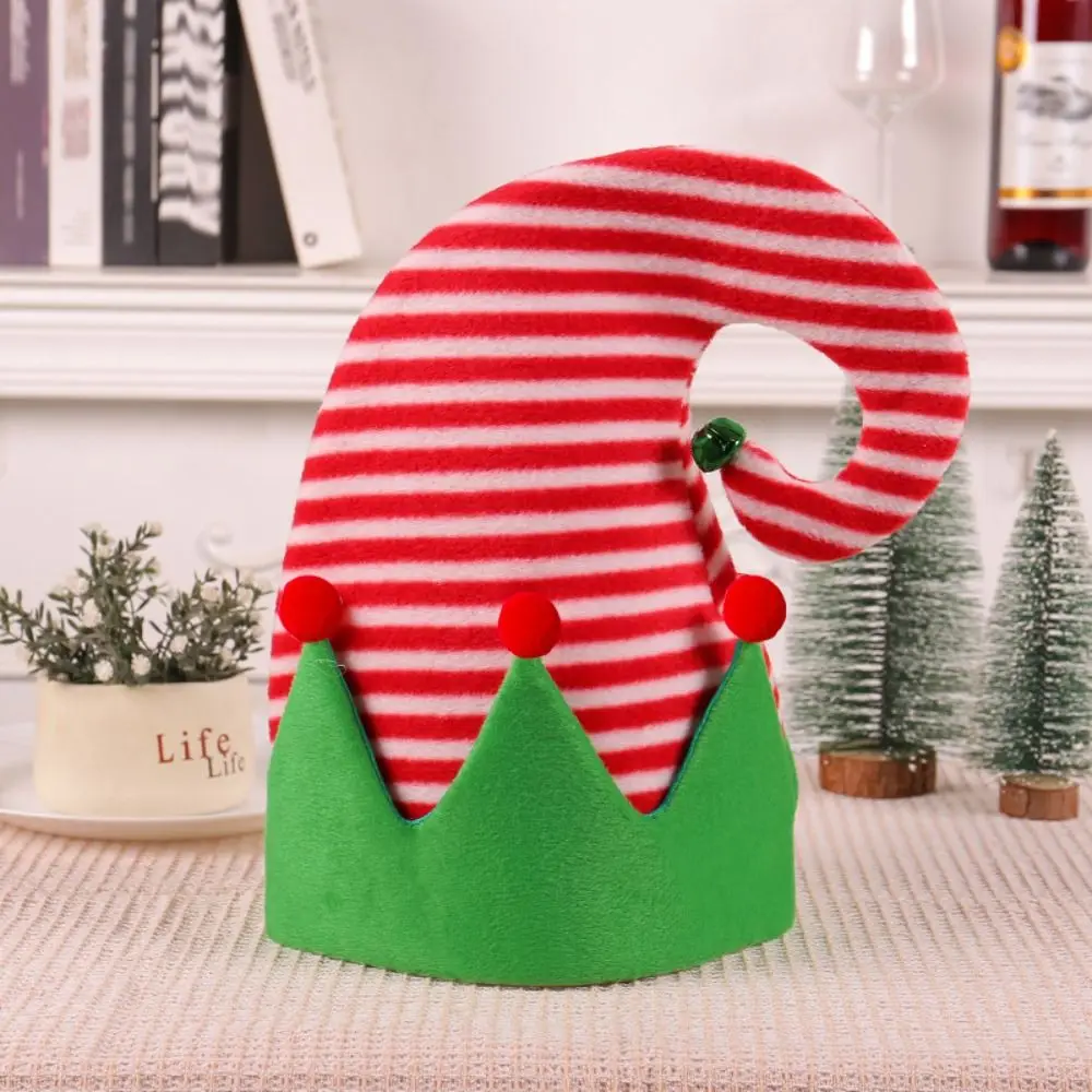 Outdoor Red Christmas Hat Ball Green Stripe Xmas Cap Soft Patchwork Santa Elf Hat Boy