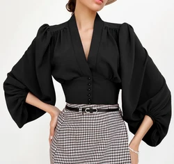 Women Shirt Tops Vintage French Style Lantern Sleeves V Neck Button Up Crops Blouse Elegant Sweet Blusas Ladies Clothes