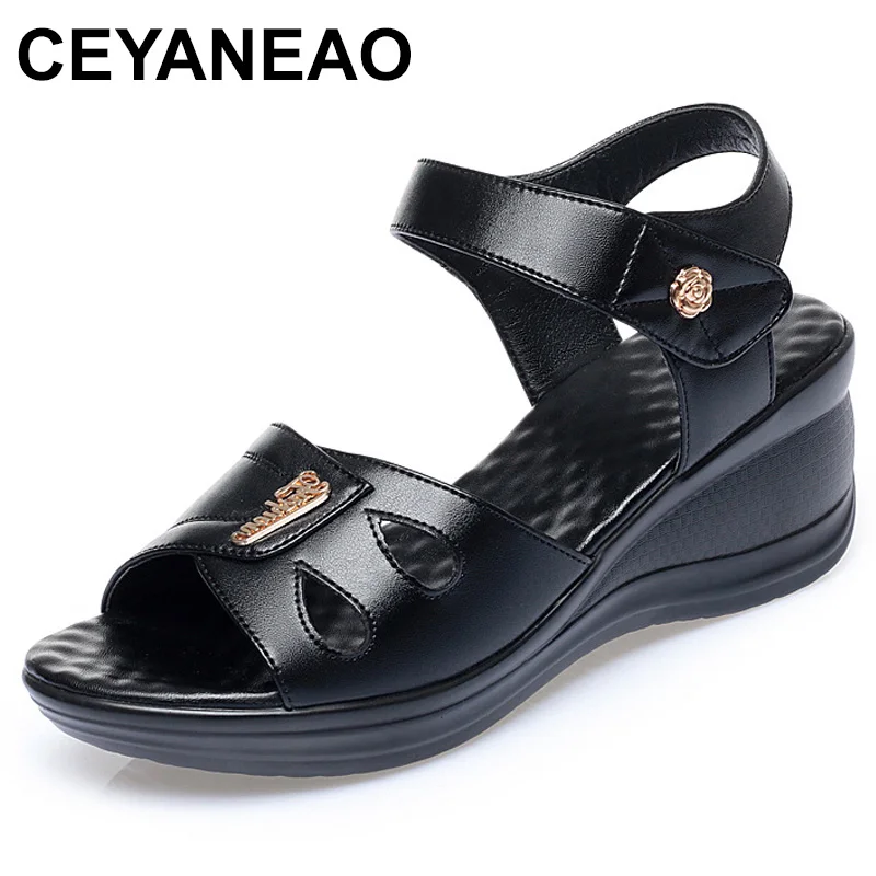 

Summer Mother Sandals Female Wedged Shoes Cowhide Middle-aged Elderly Non-slip Women Sandals