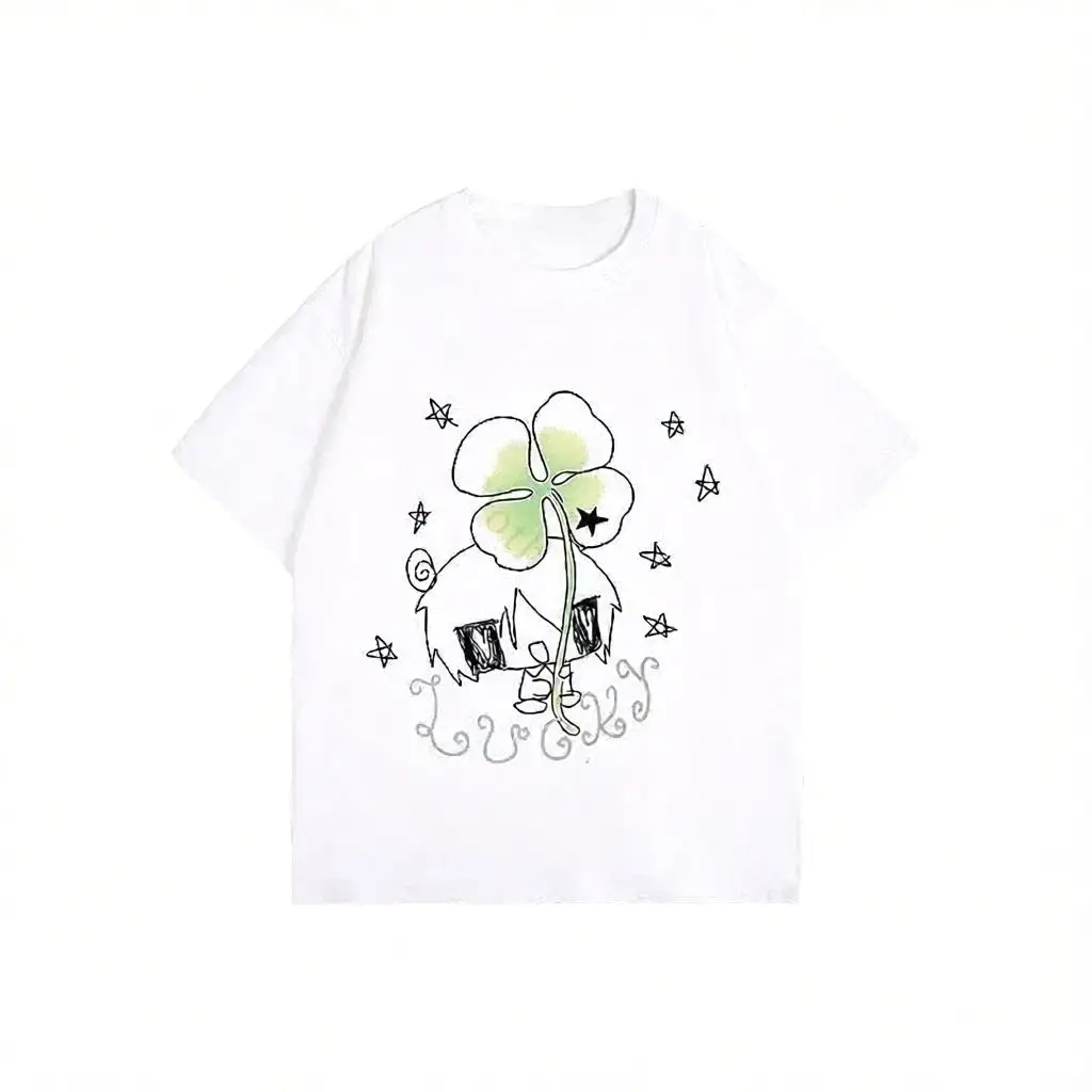 Cute Four Leaf Clover Hand Drawn Print T-shirt for Men Women Y2k 200s Summer Daily Summer Clothes with Many Reviews From Koreans