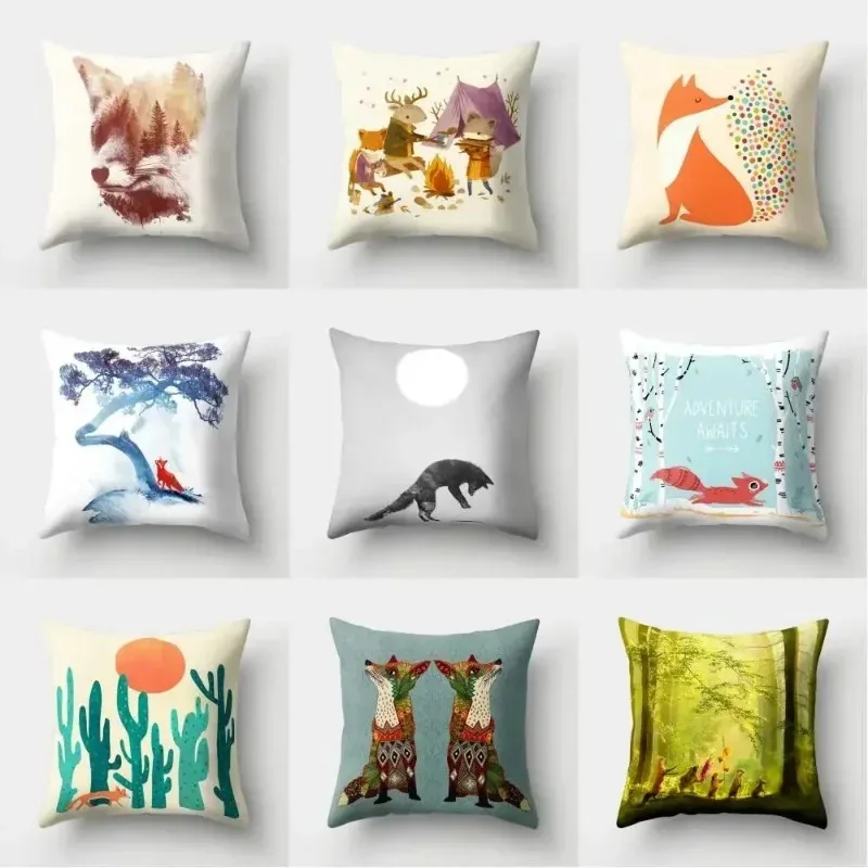 Cartoon Fox Pattern Decorative Pillowcase Car Sofa Square Cushion Pillowcase