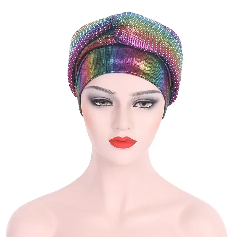 African Headtie Round hat Side Sponge Hot Drill Cross Auto Gele Ready to Wear Indian Bonnet Women's Turban Caps Head Wrap