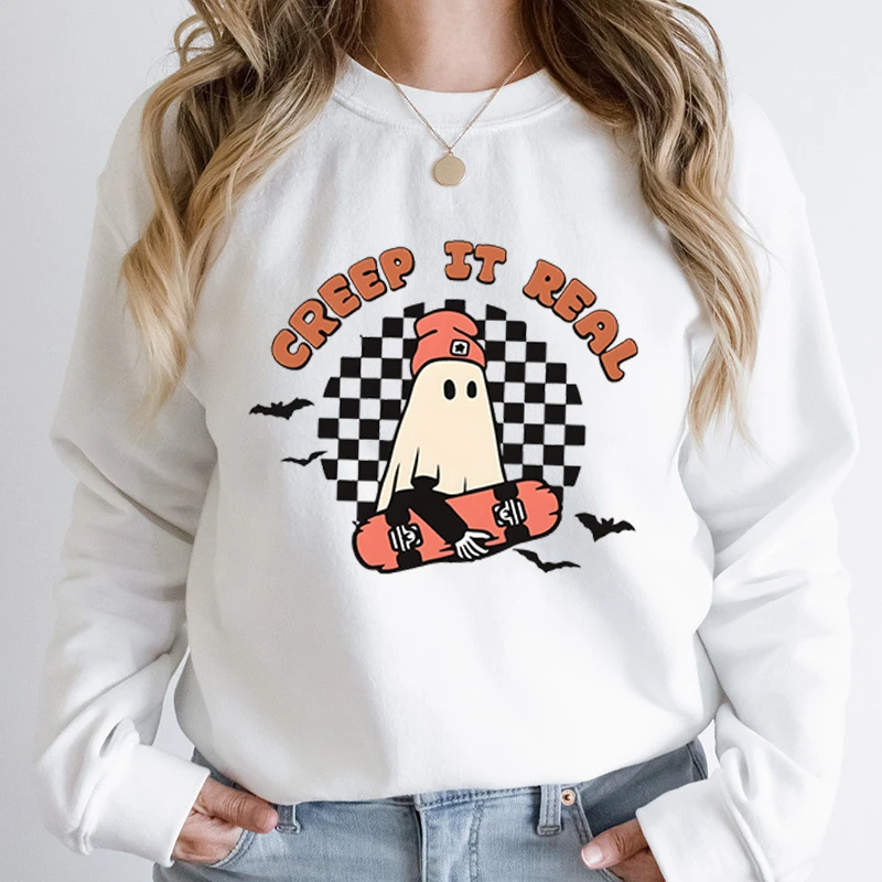 Women Fashion Halloween Ghost Creep It Real Print Round Neck Pullover Casual Sport Outdoor Long Sleeve Women Hoodless Sweatshirt