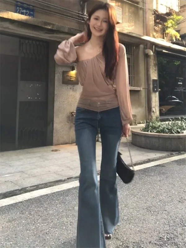 Sexy Shoulder Baring Long Sleeve T-Shirt for Women Autumn New Design Small Audience Beautiful Short Cover up Street Style Pur...