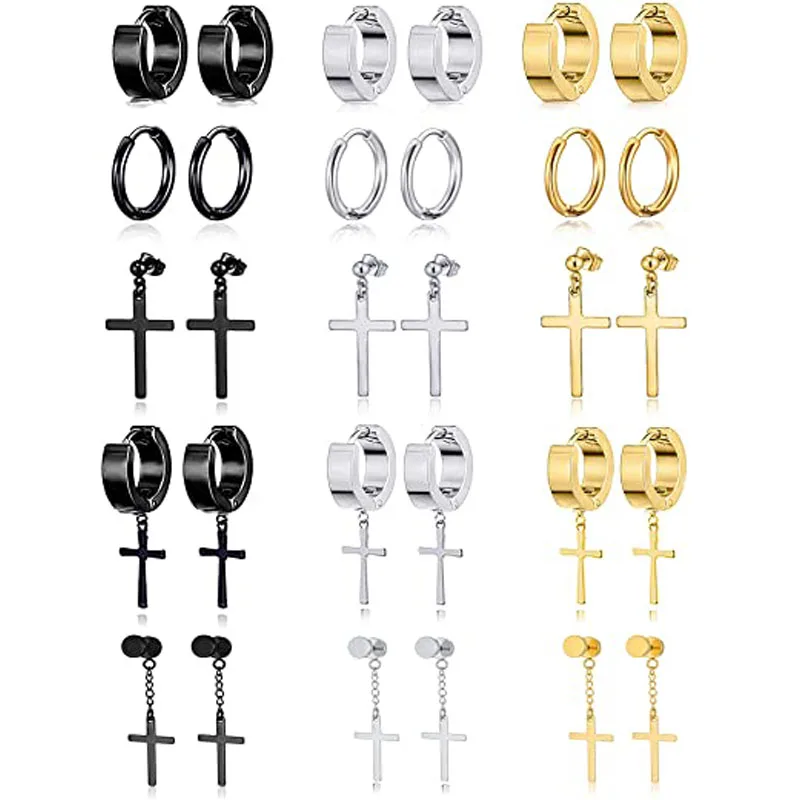 15 Pairs Cross Earrings Stainless Steel Punk Pointed Hoop Huggie CZ Hinged Cross Earrings Set Men's Silver Black Gold