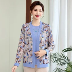 Women knitted Tops 2025 New Spring Autumn Long Sleeve Cardigan Two Pieces Suits Large Size Middle Age Female Elegant 2PCS Set