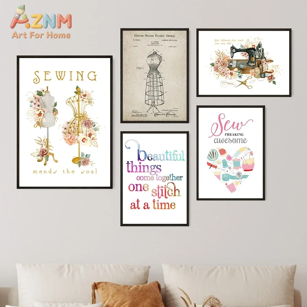 AZNM Sewing Theme Canvas Print, Frameless Vintage Mannequin Sewing Machine Wall Poster, Colorful Craft Quote Artwork for Sewing