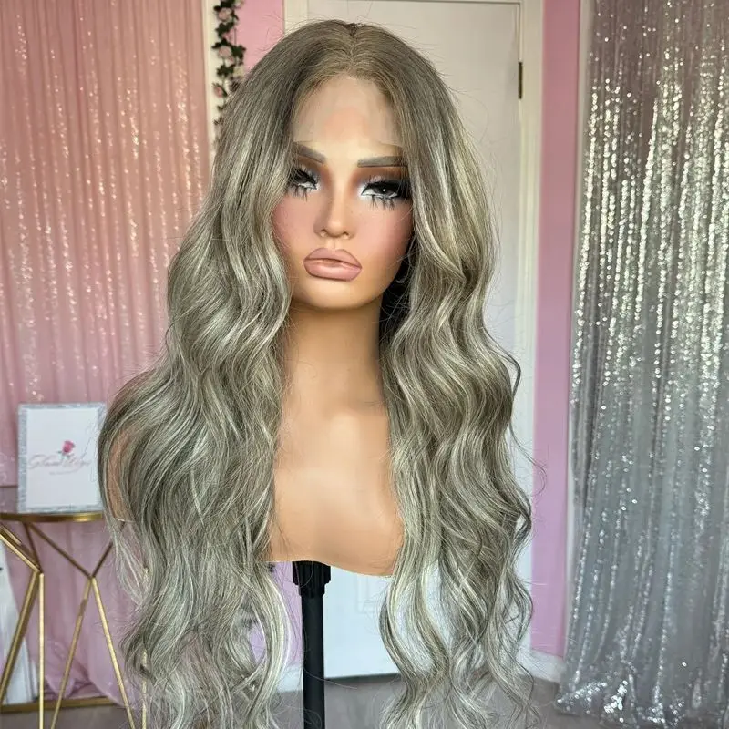 

28'' Natural Preplucked Realistic Hairline Ash Grery Blonde Synthetic Heat Friendly HD Lace Front Wig Balayage Average Size Cap